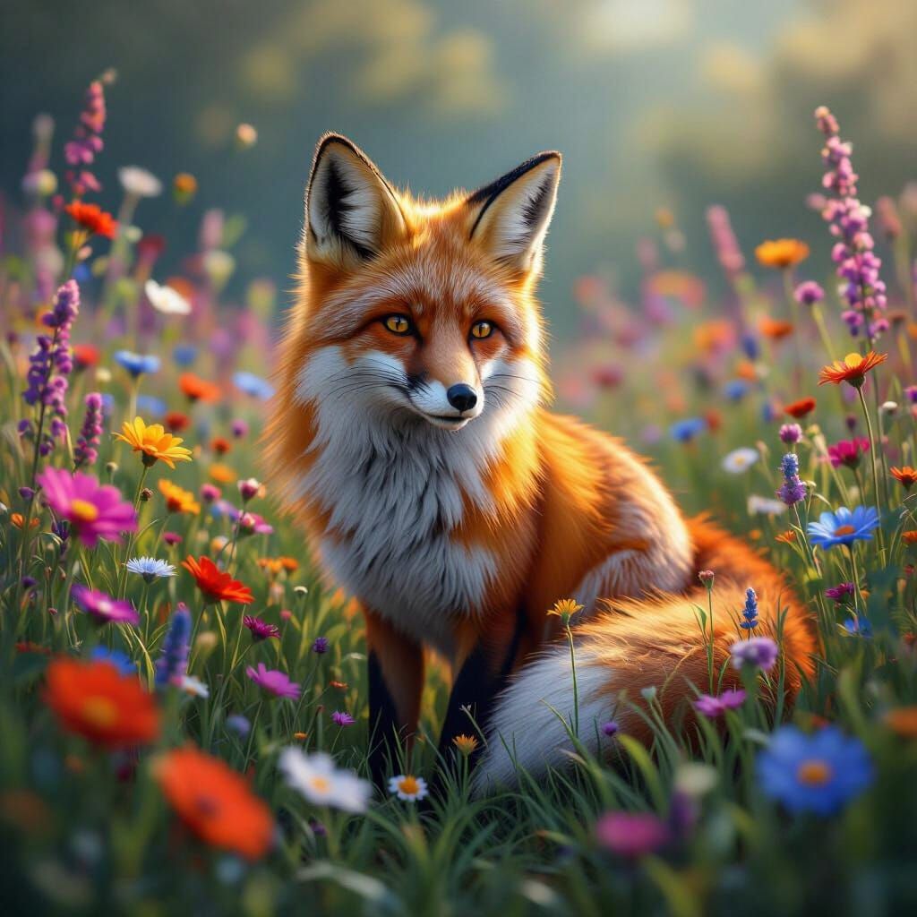 Whimsical Fox in Vibrant Wildflower Field Fantasy Art