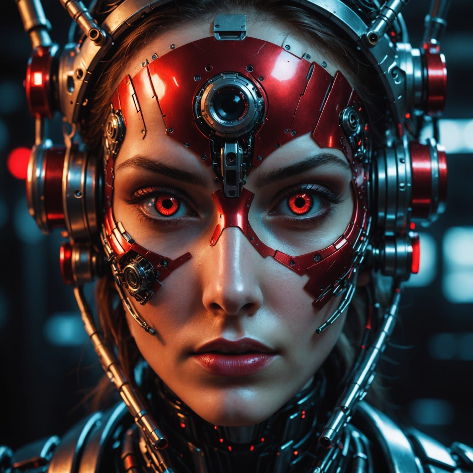 Cybernetic Goddess with Glowing Red Eye in Dark Cyberpunk La...