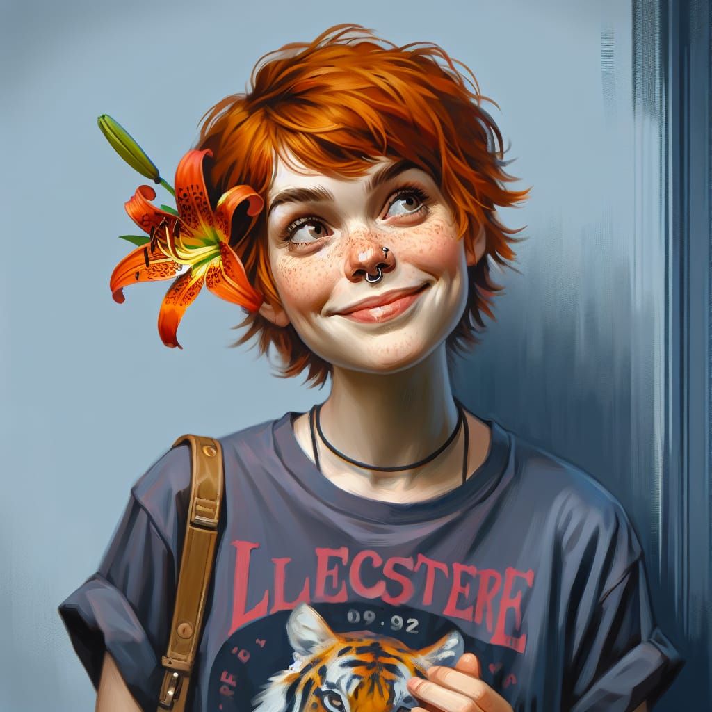 full body tiger lily young 30ish ginger hair freckled cross-eyed sly grin homely but cute woman grunge couture tshirt me...