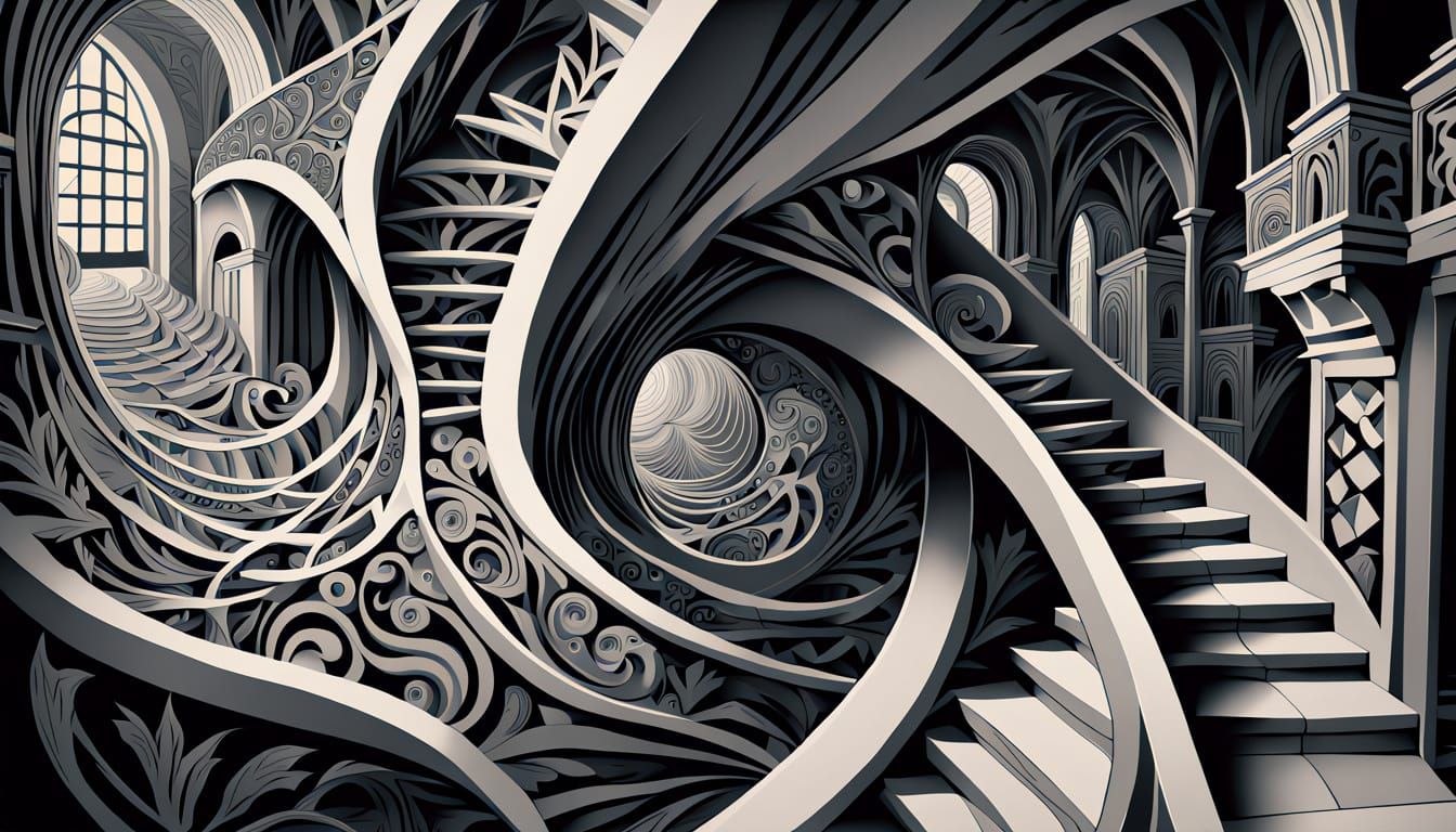Impossible Architecture in Escher Style Engraving