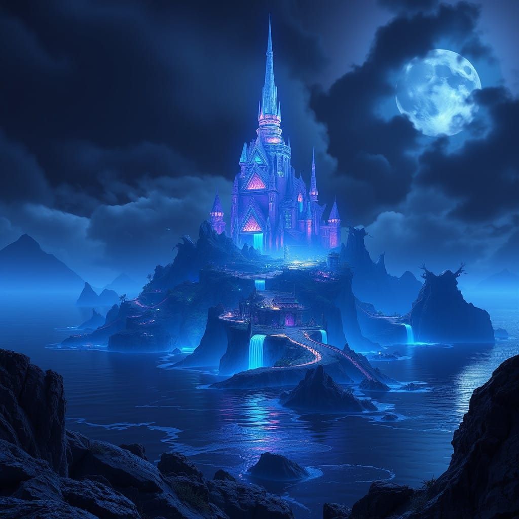 Fantastical Tropical Island at Twilight in Deep Blues