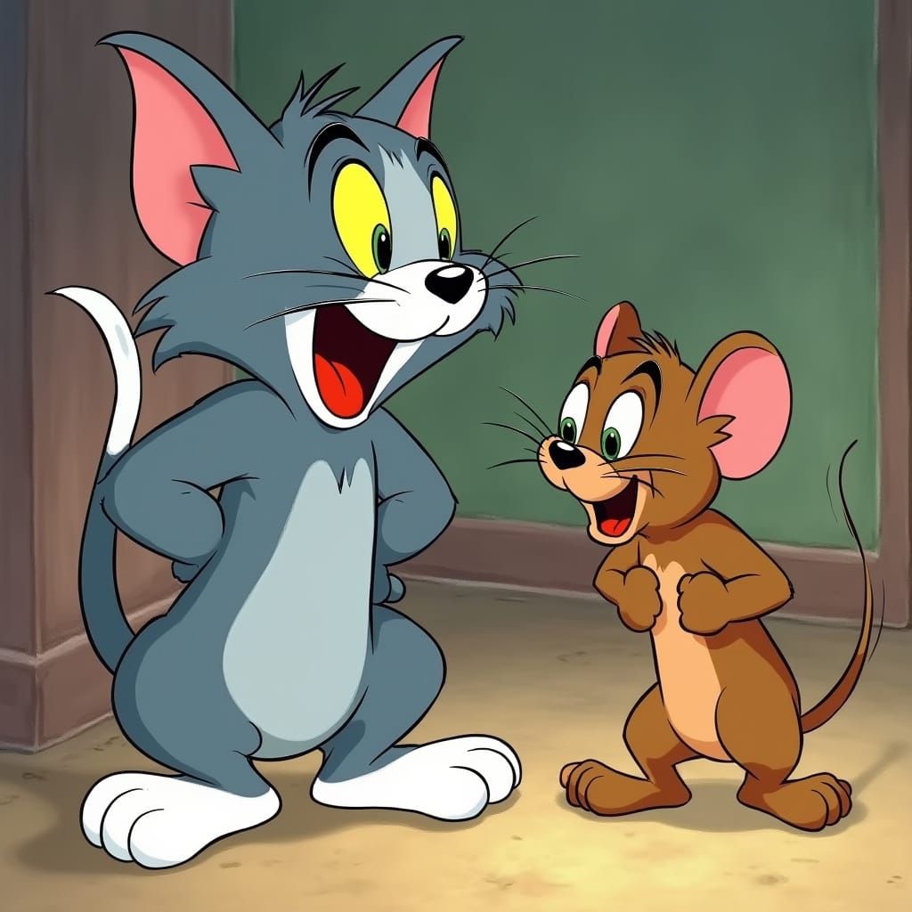 Comedic Cat and Mouse Cartoon in Classic Animation Style