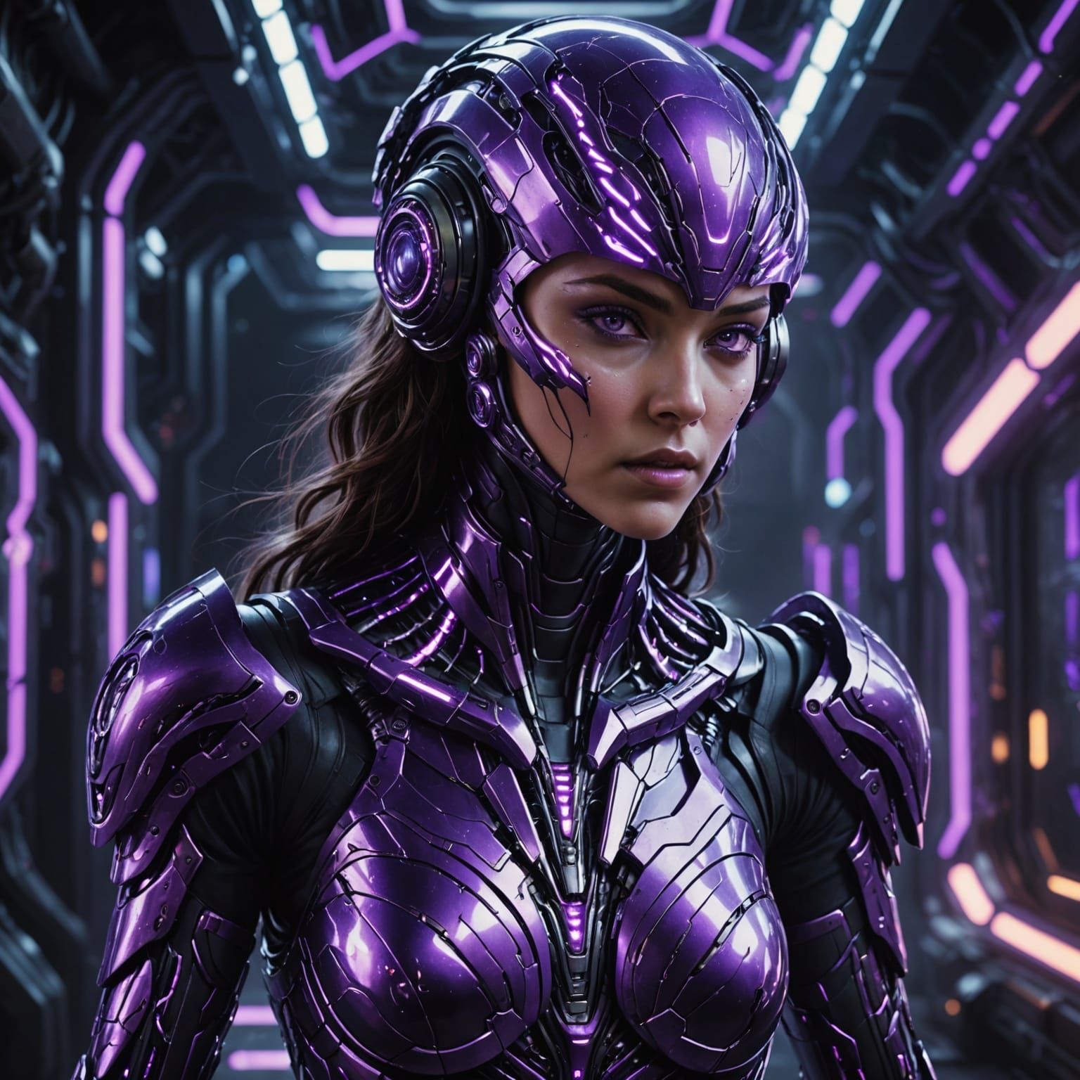 Futuristic Biomechanical Goddess in Metallic Armor