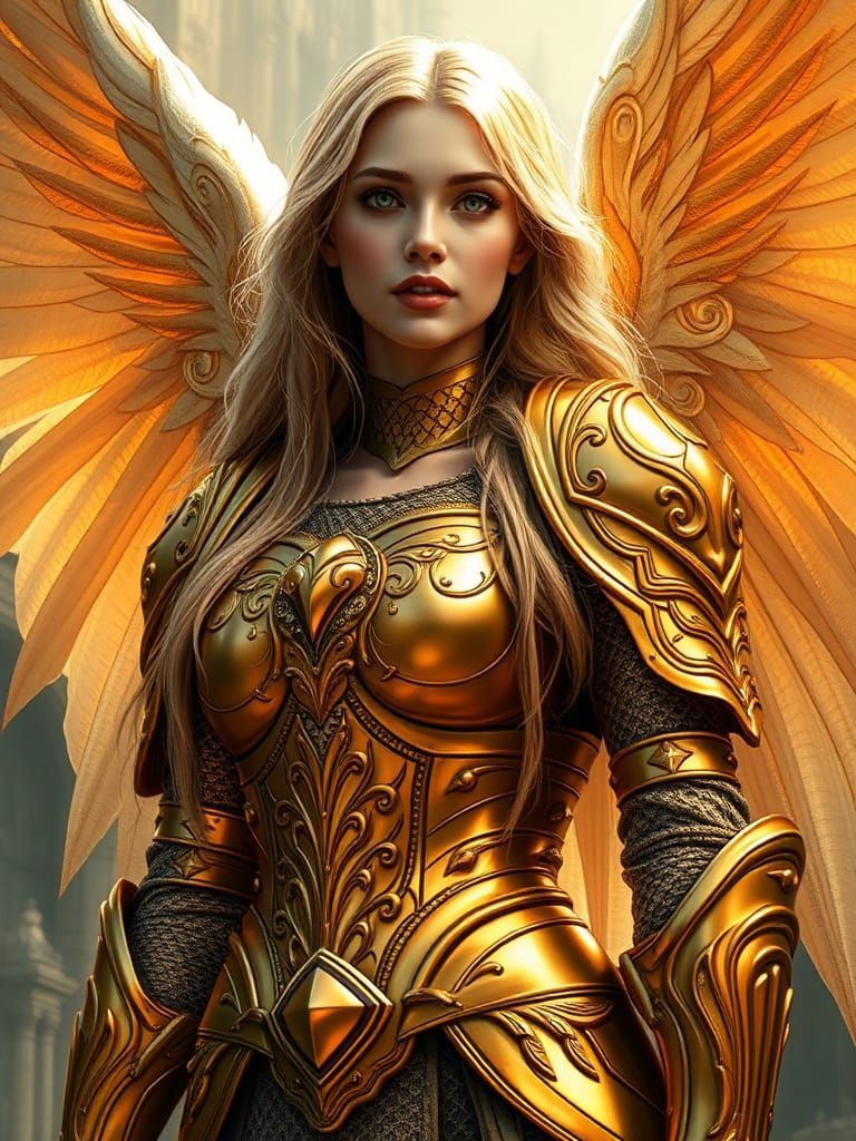 Fallen Angel in Golden Armor, Hyperrealistic Portrait