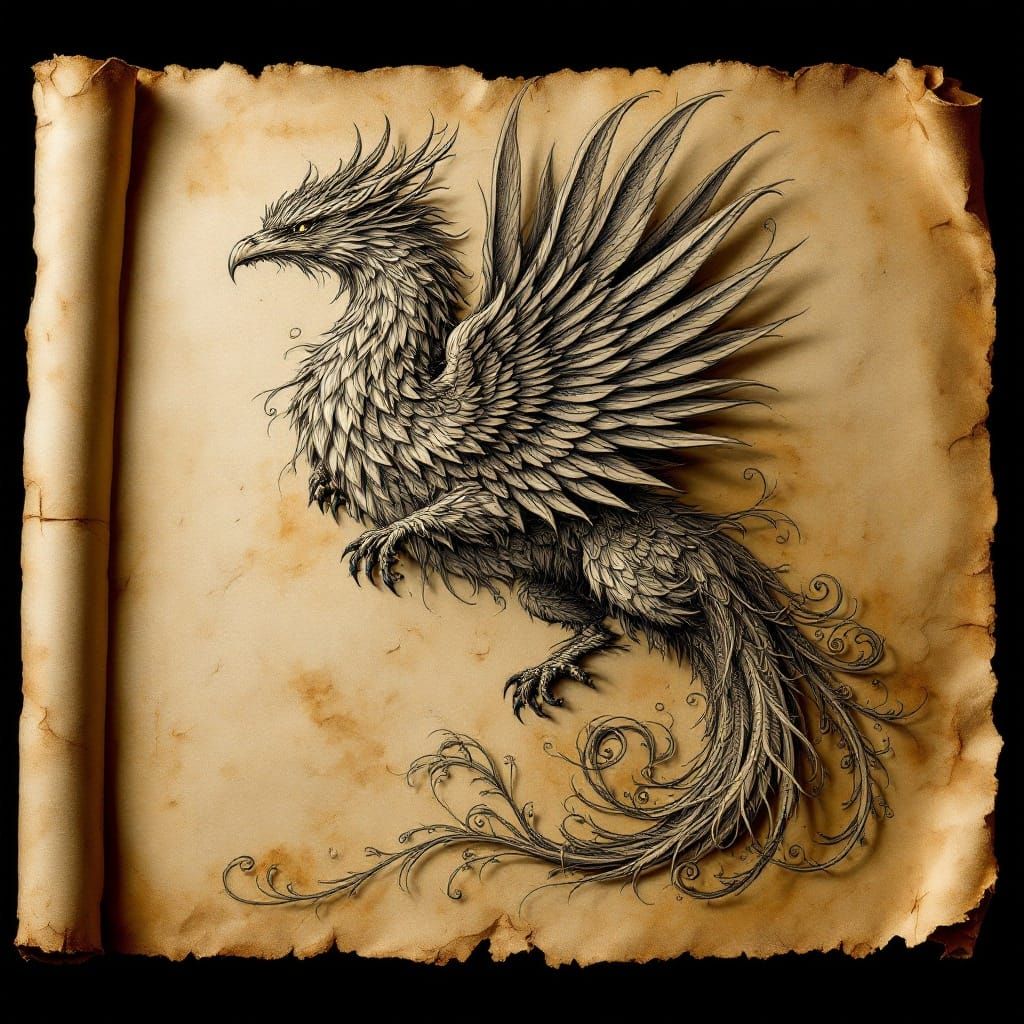 Antique Griffin Illustration on Enchanted Scroll