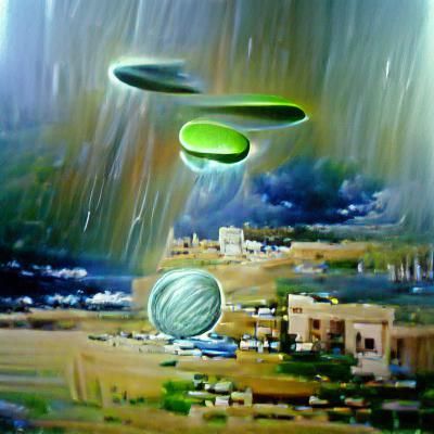 Surrealist UFO Over Post-Apocalyptic City, Oil Painting