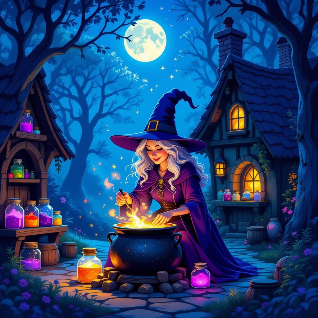 Enchanted Forest Witch Brewing Potions in Cottage