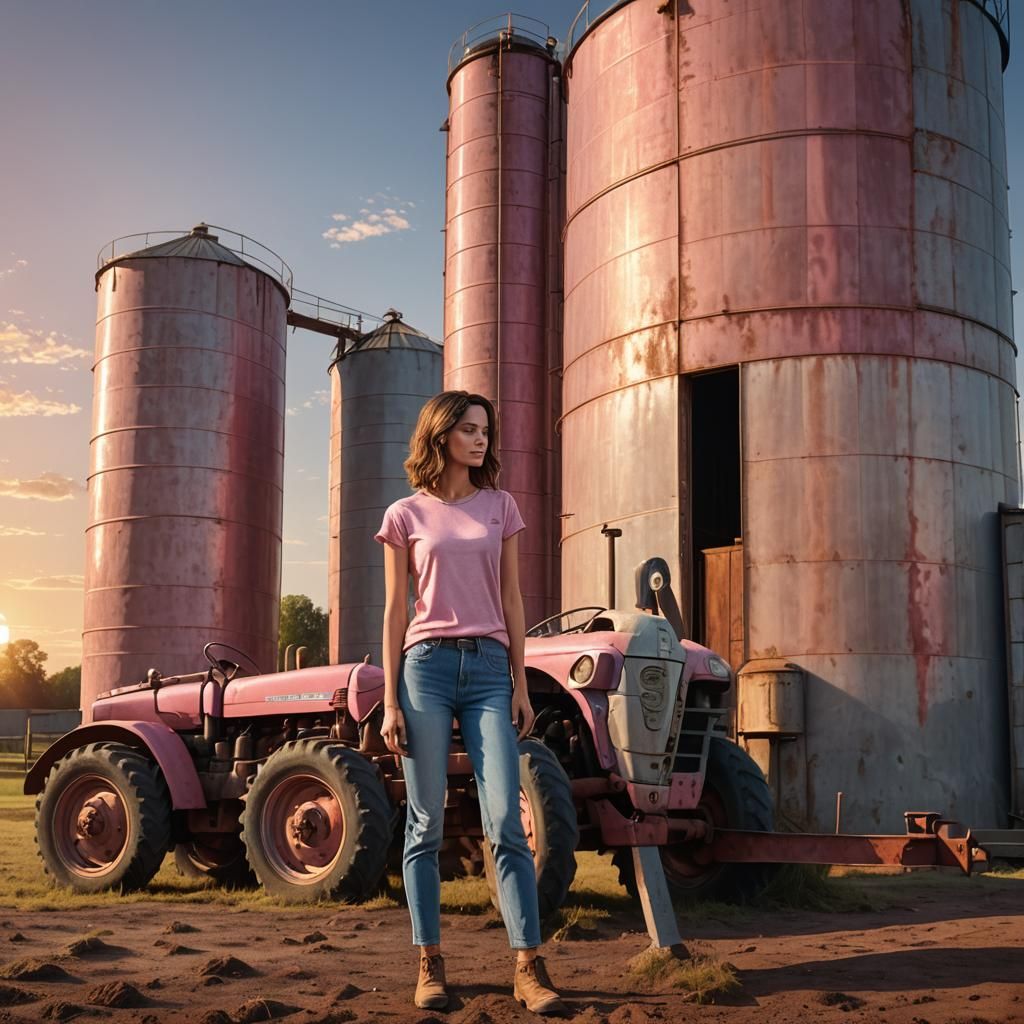 Woman with Pink Tractor at Sunset