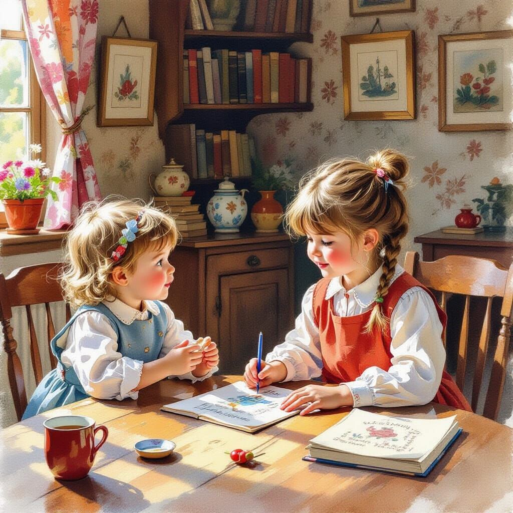 Children Share a Toy in Watercolor Book Illustration Style