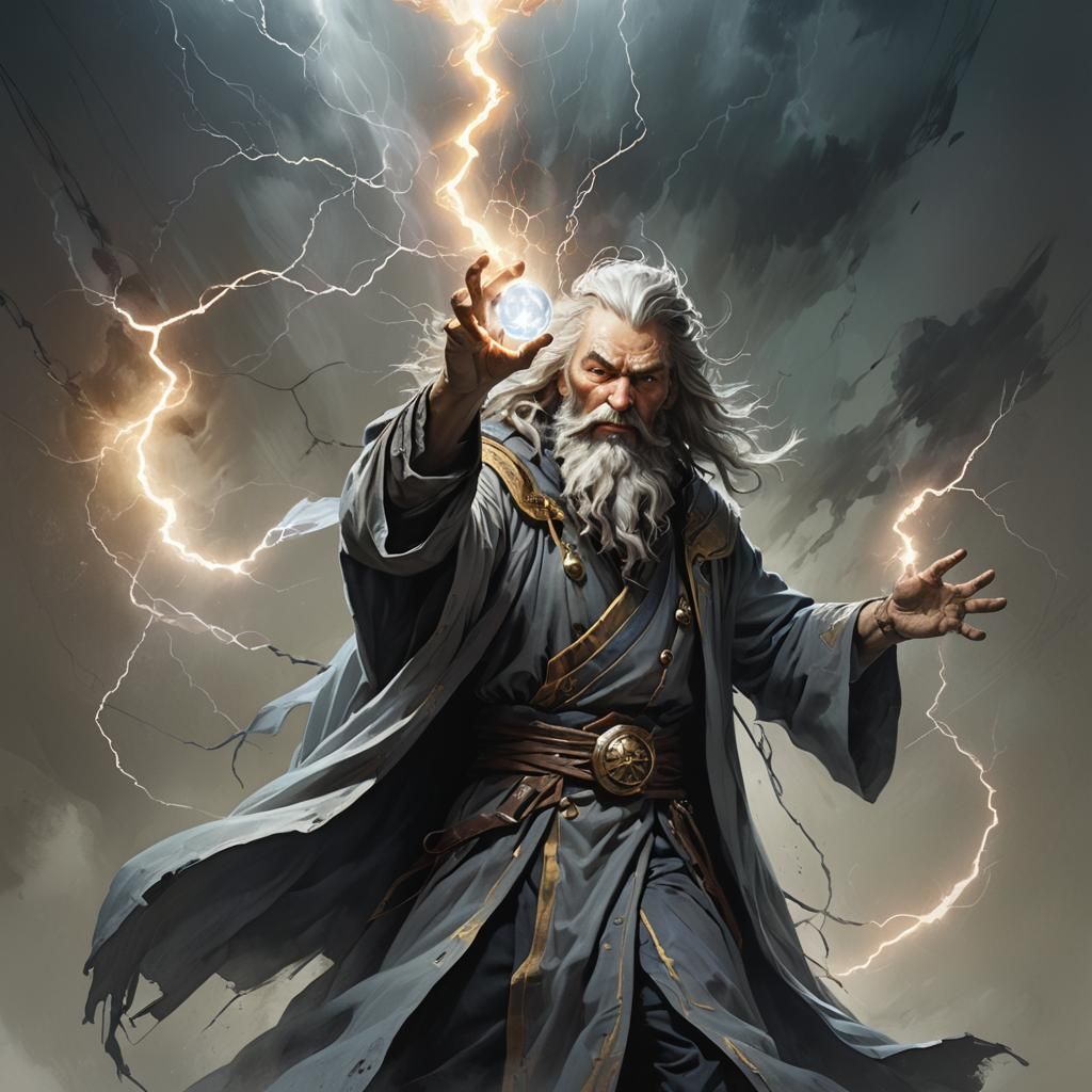 Majestic Gray-Bearded Mage Casts Lightning Ball
