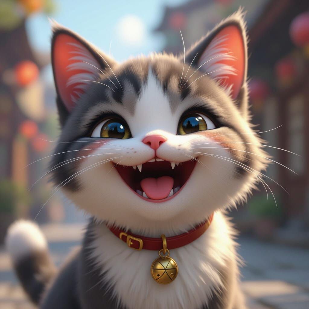 Joyful Cat with Huge Smile in 3D Anime Style