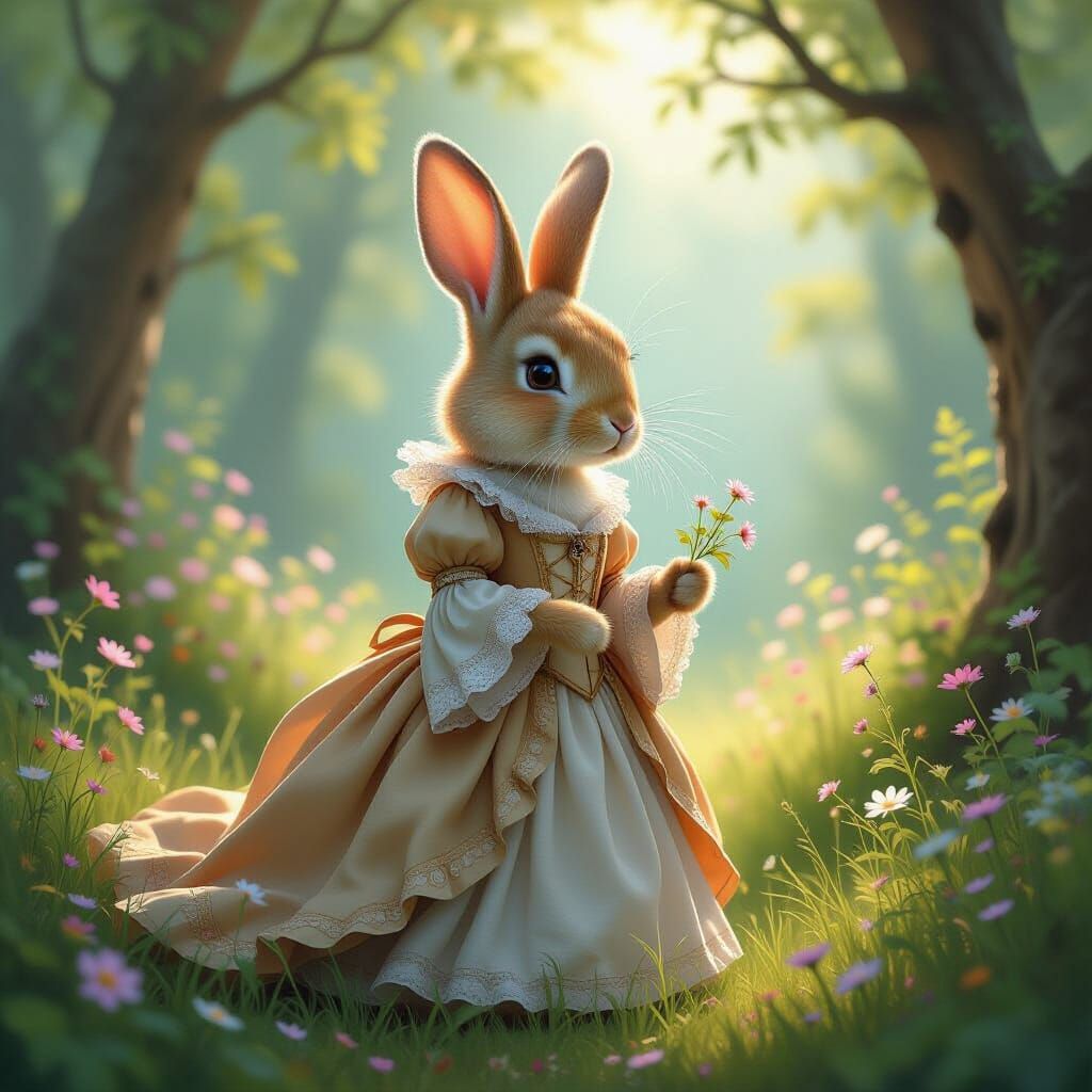 Rabbit in Renaissance Dress Picking Wildflowers