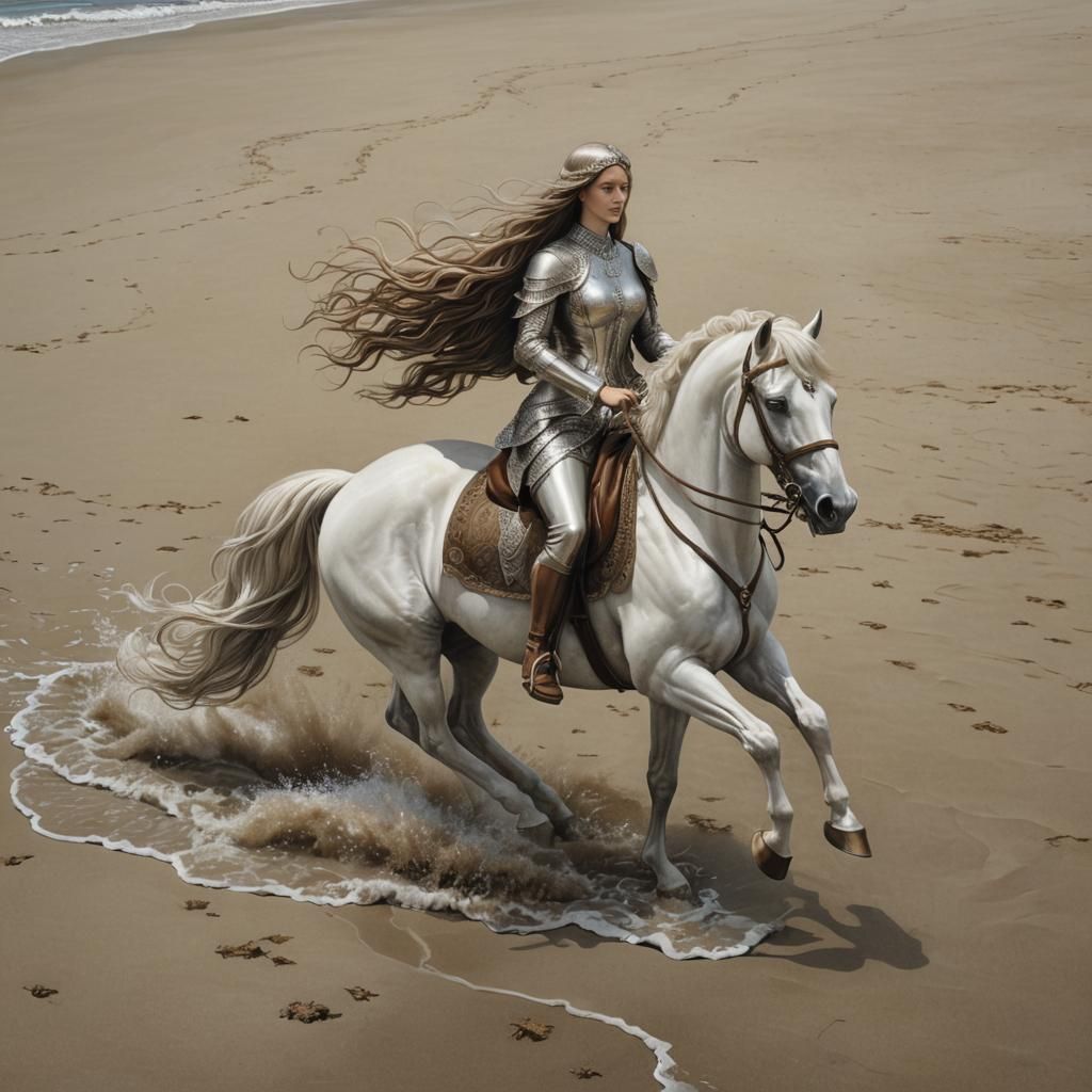 Lady Godiva Rides Horse on Beach in Hyperrealism
