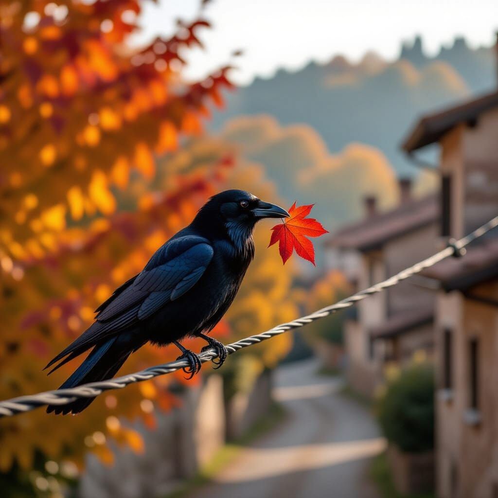 Vigilant Crow with Autumn Leaf in Historic Italian Town