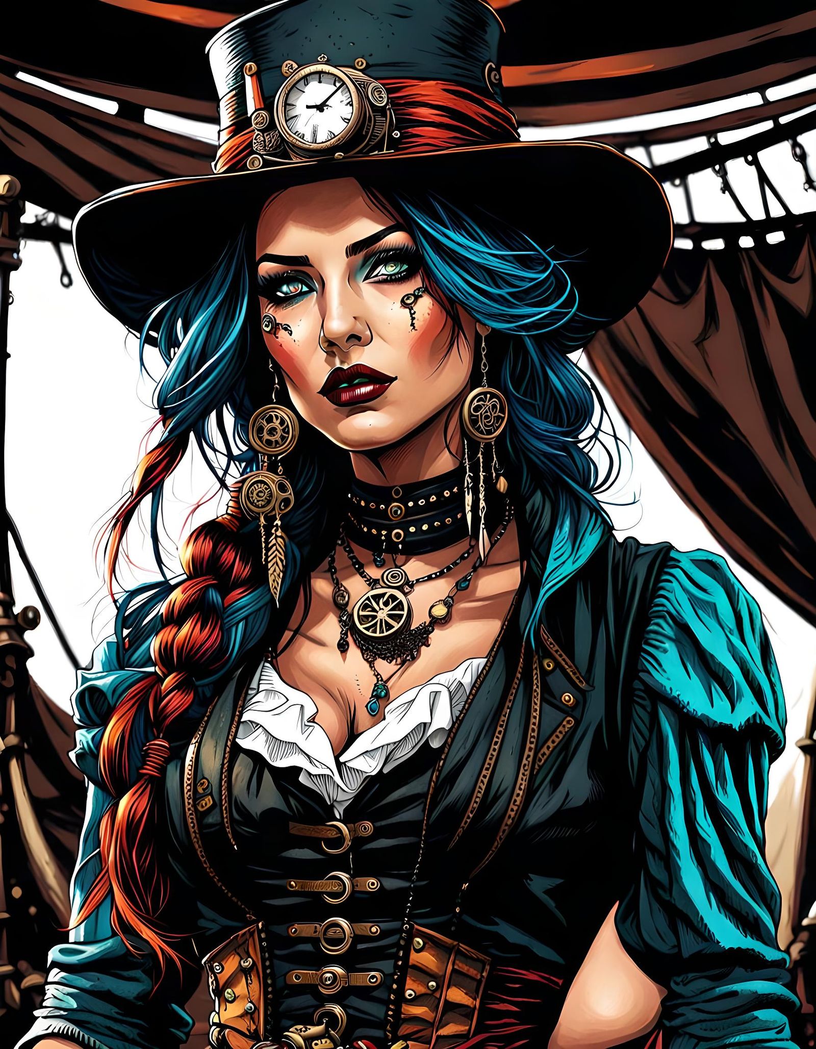 Steampunk Gypsy Girl in Dark, Detailed Linework