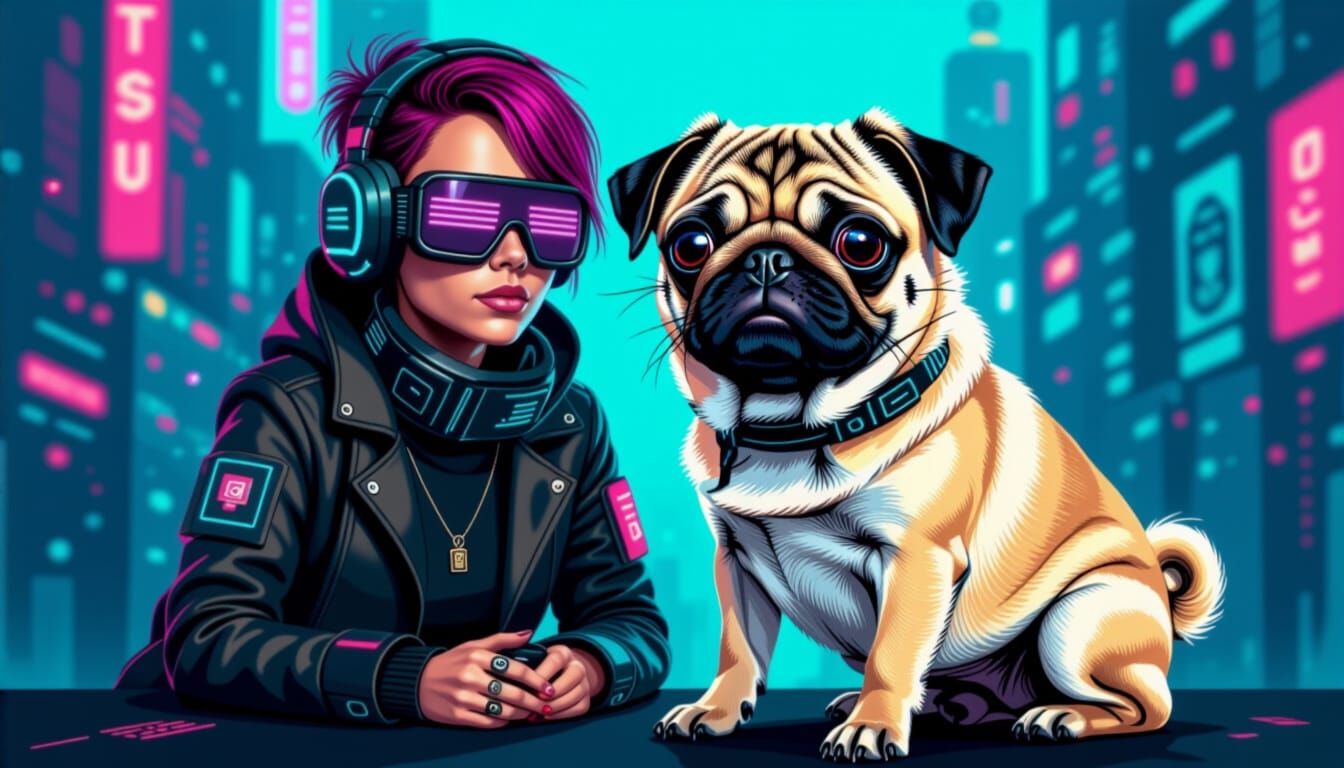 Cyberpunk Pug and Humanoid Figure
