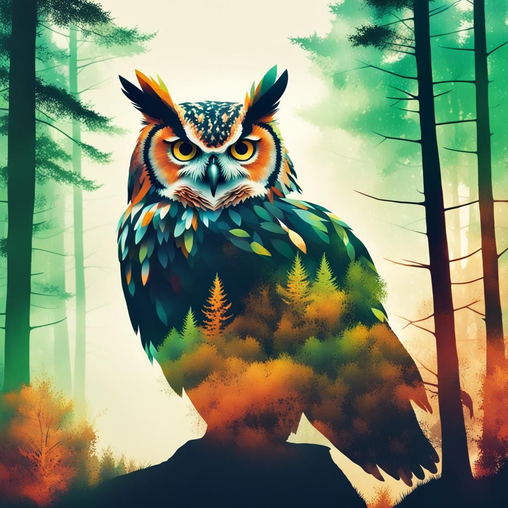 Owl Silhouette Double Exposure in Vibrant Forest