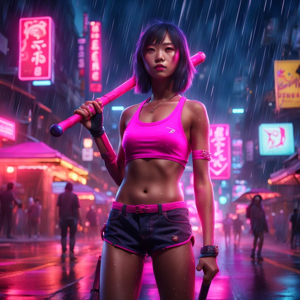 Neon City: Asian Girl with Baseball Bat in Rain