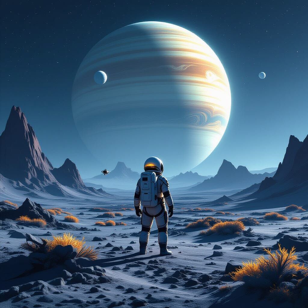 Astronaut on Alien Planet Gazing at Ringed Gas Giant