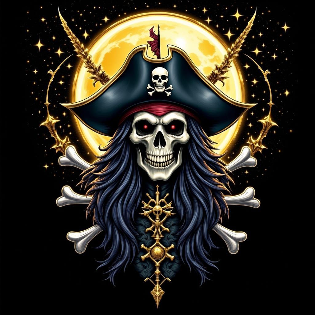 Mystical Pirate Skull with Ornate Hat Under Starlit Moon