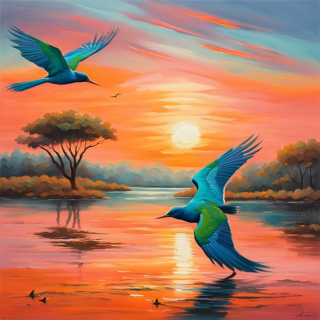 African Sunrise with Birds in Folk Art Style