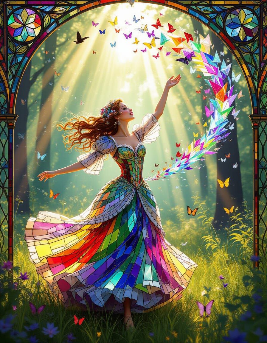 Radiant Forest Spirit in Shimmering Stained Glass Dress