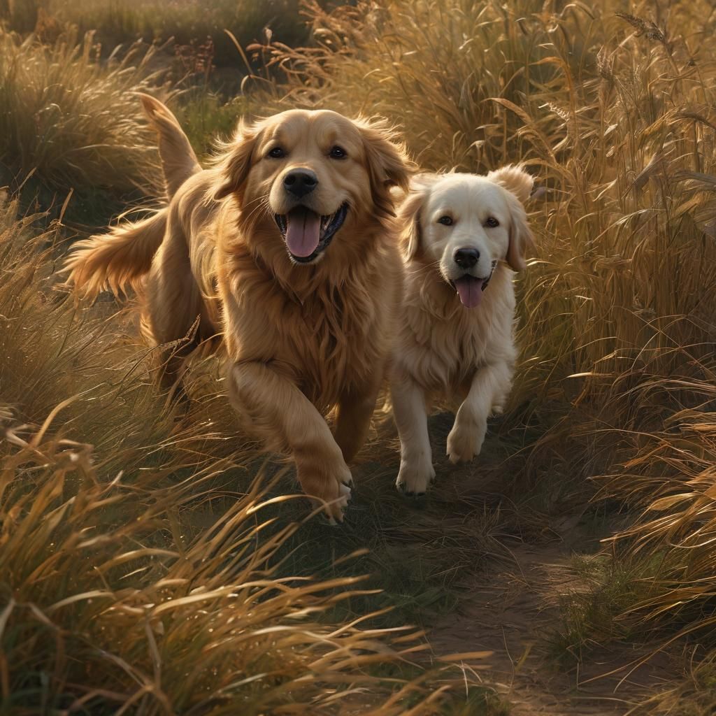 Golden Retriever Runs Through Windswept Grass