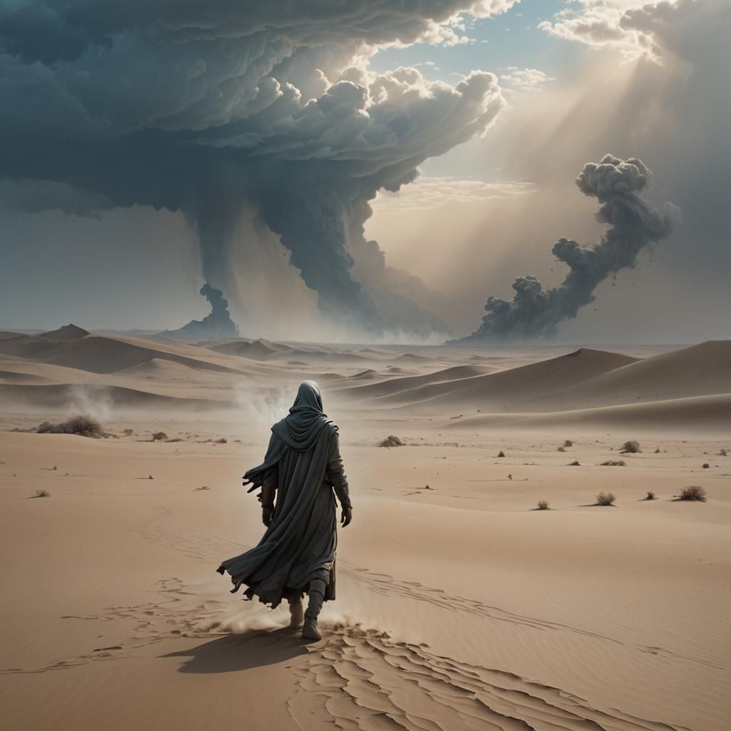 Barren Desert Landscape with Figure in Dark Surrealism