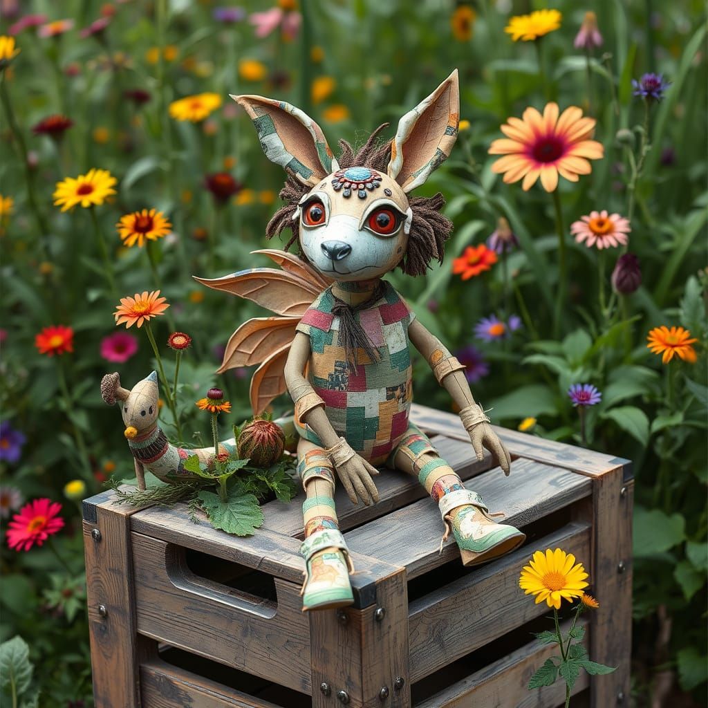 Whimsical Eco-Friendly Toy Creature in Folk Art Style
