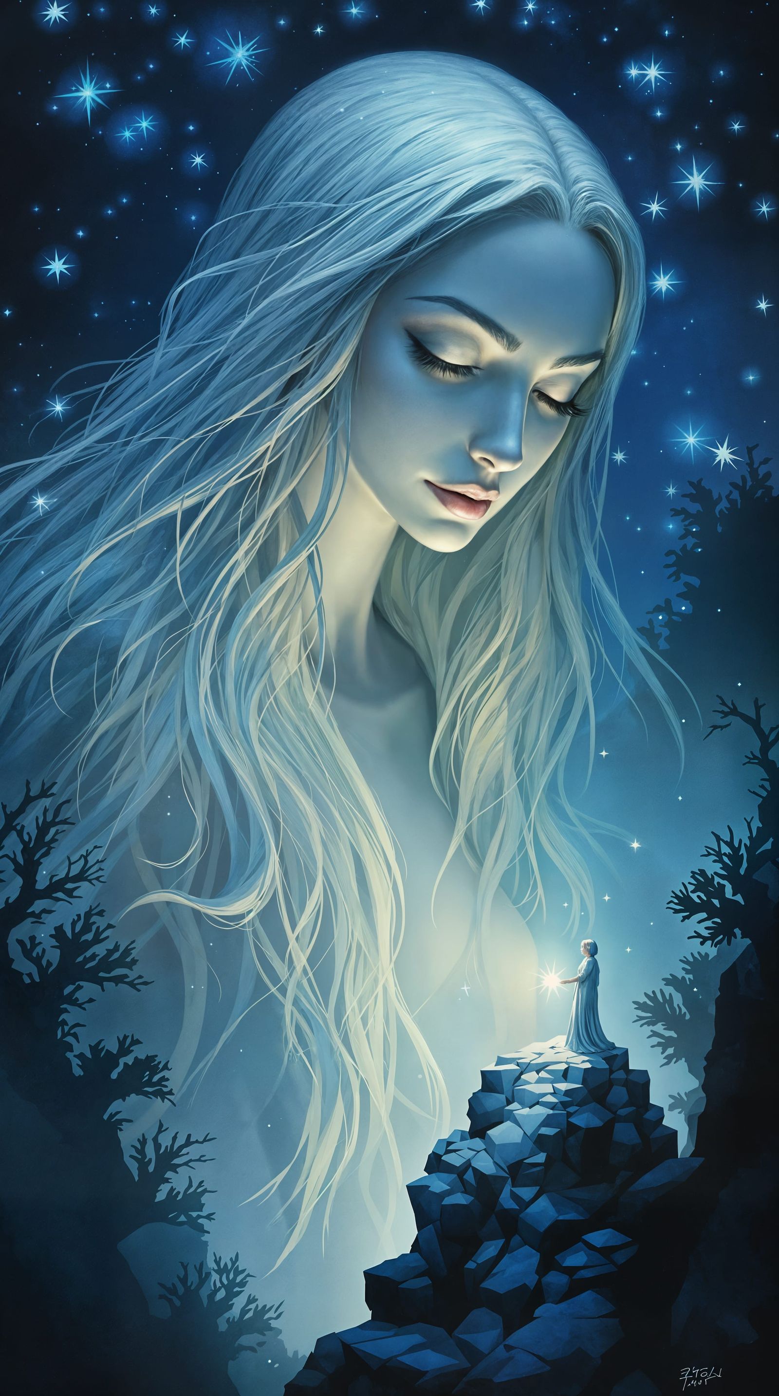 Ethereal Goddess of Starfall Grove in Icy Blue Hues