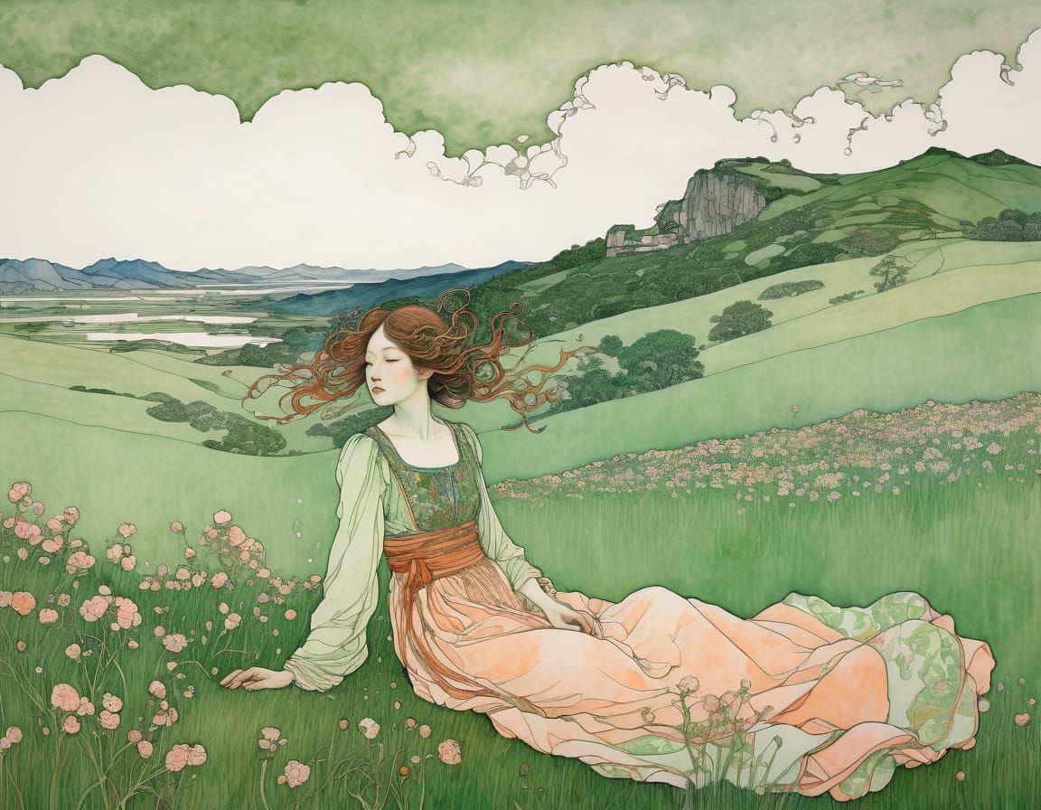 Gothic Woman in Spring Landscape, Watercolor Art