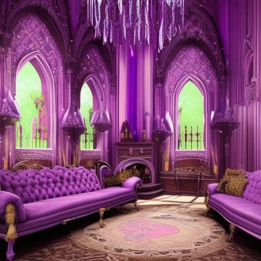 Vibrant beautiful Purple gothic living room with lots of crystals and gemstones and candles