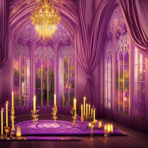 Vibrant beautiful Purple gothic living room with lots of crystals and gemstones and candles