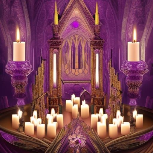 Vibrant beautiful Purple gothic living room with lots of crystals and gemstones and candles