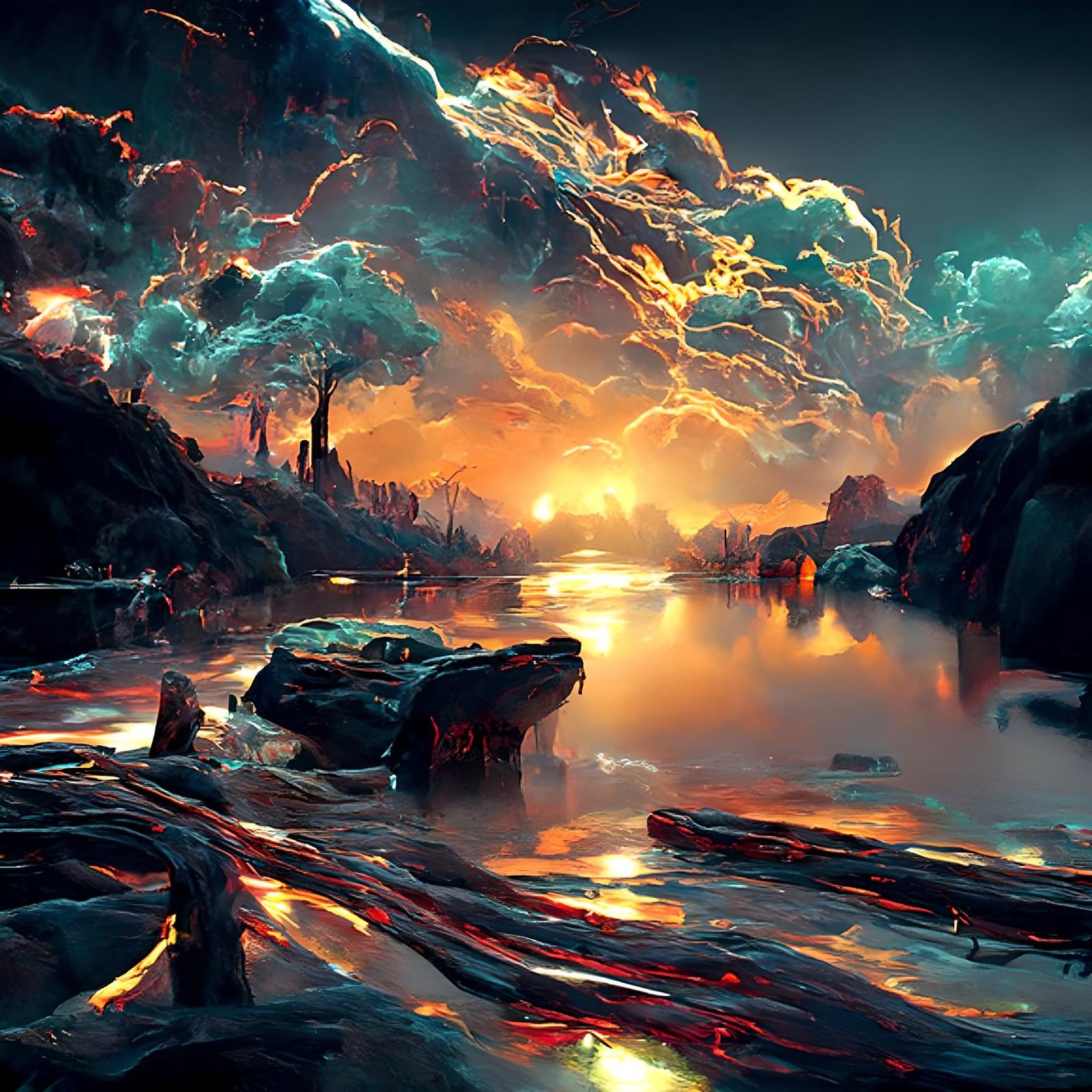 Mystical Neon River Landscape in Grand Style