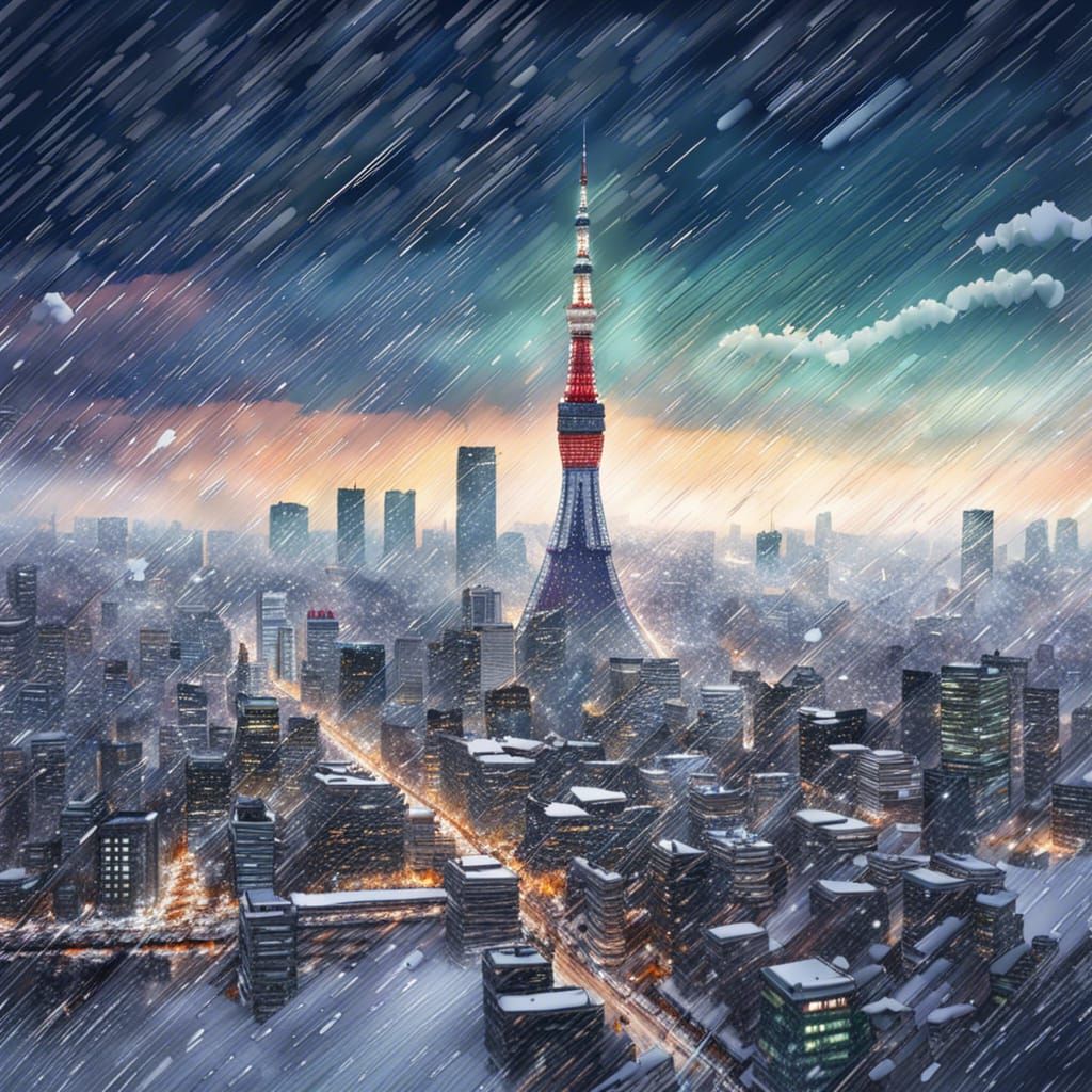 Tokyo Skyline in Snowstorm: Hyperrealistic Splash Art