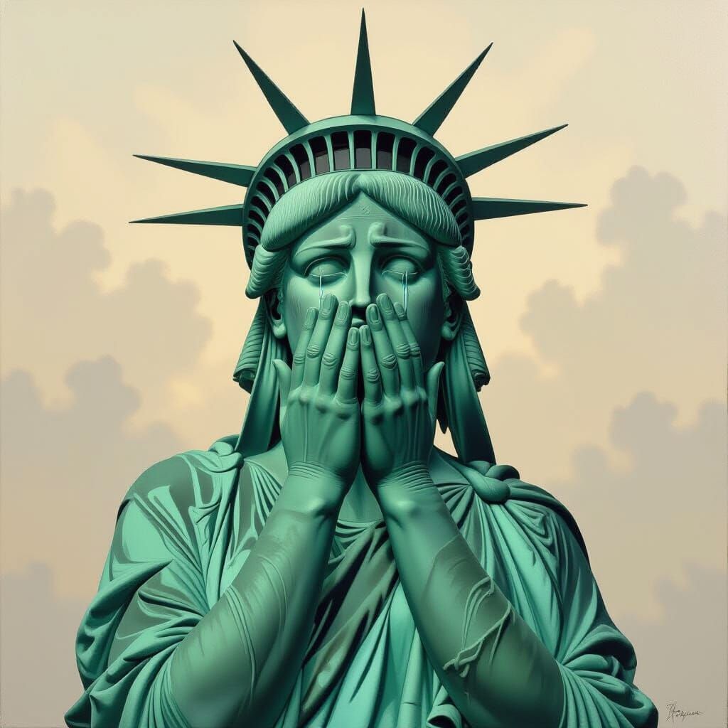 Statue of Liberty Weeping in Realist Oil Painting
