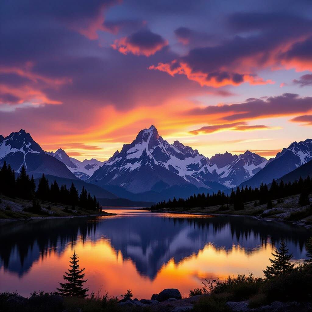 Golden Hour Mountain Landscape with Alpine Lake
