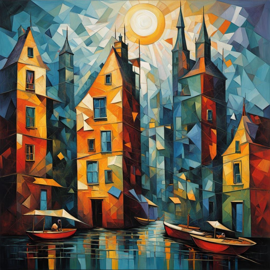 Cubist Cityscape in Vibrant, Fractured Detail