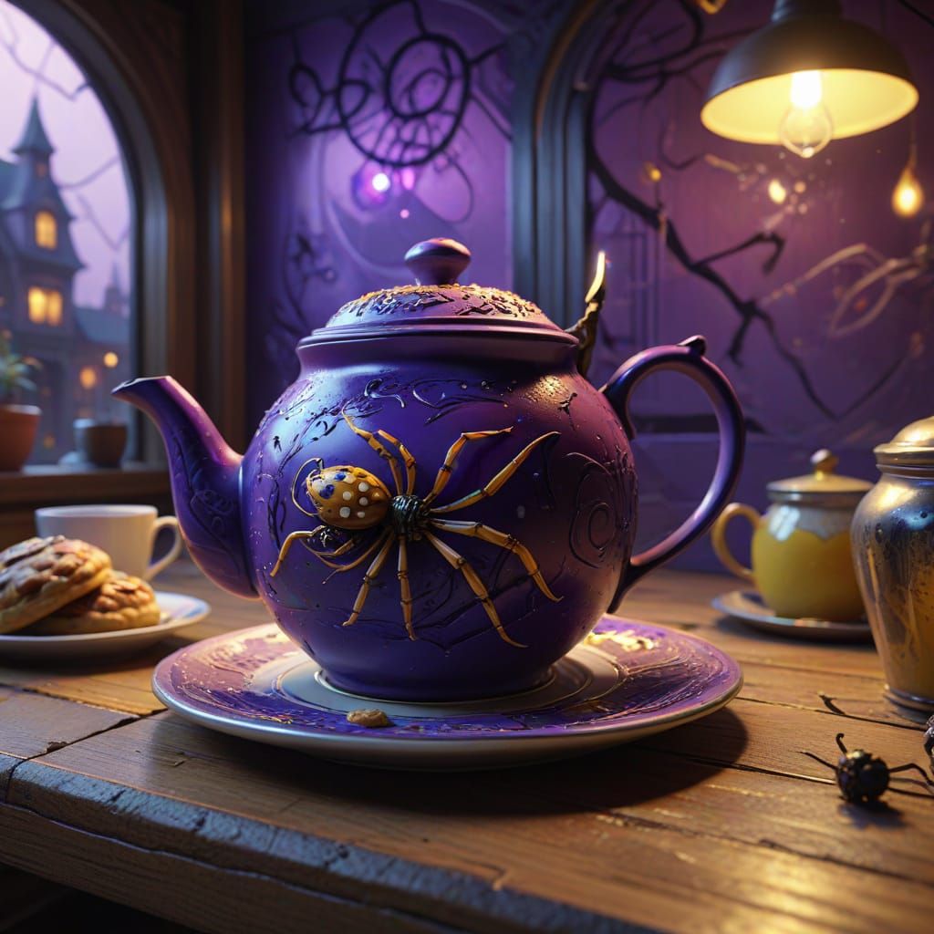 Ethereal Whimsy in a Dark Fantasy Teapot Scene