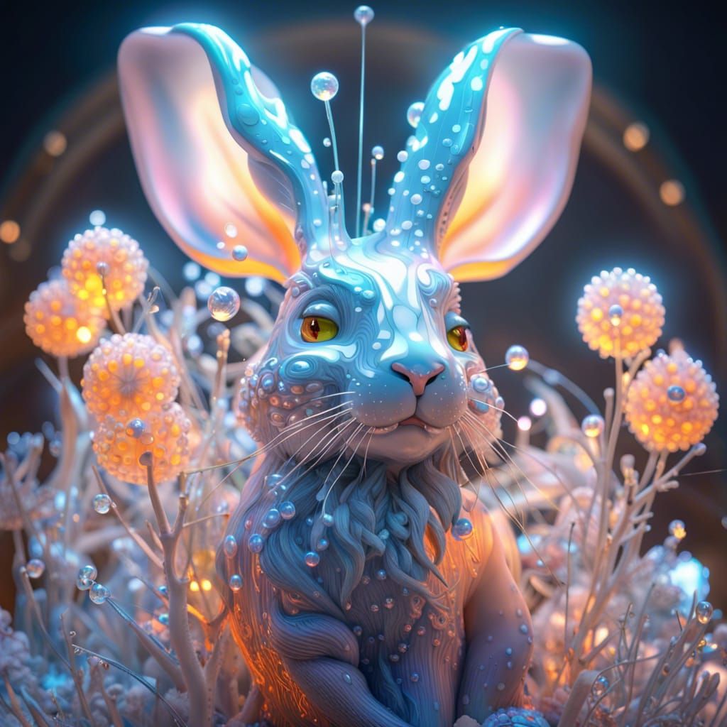 Magical Rabbit Sculpture in Frost and Fireflies