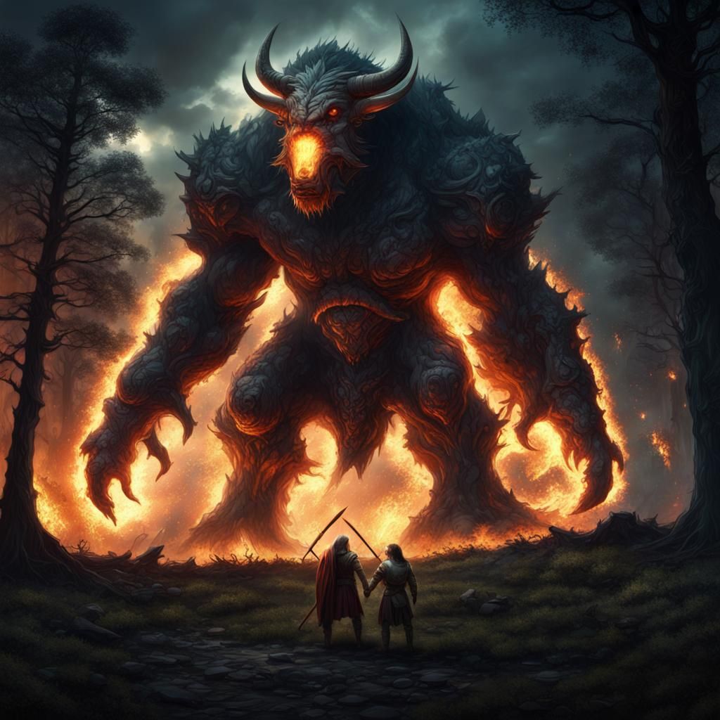 Epic Battle: Warrior and Minotaur Under Meteor Shower