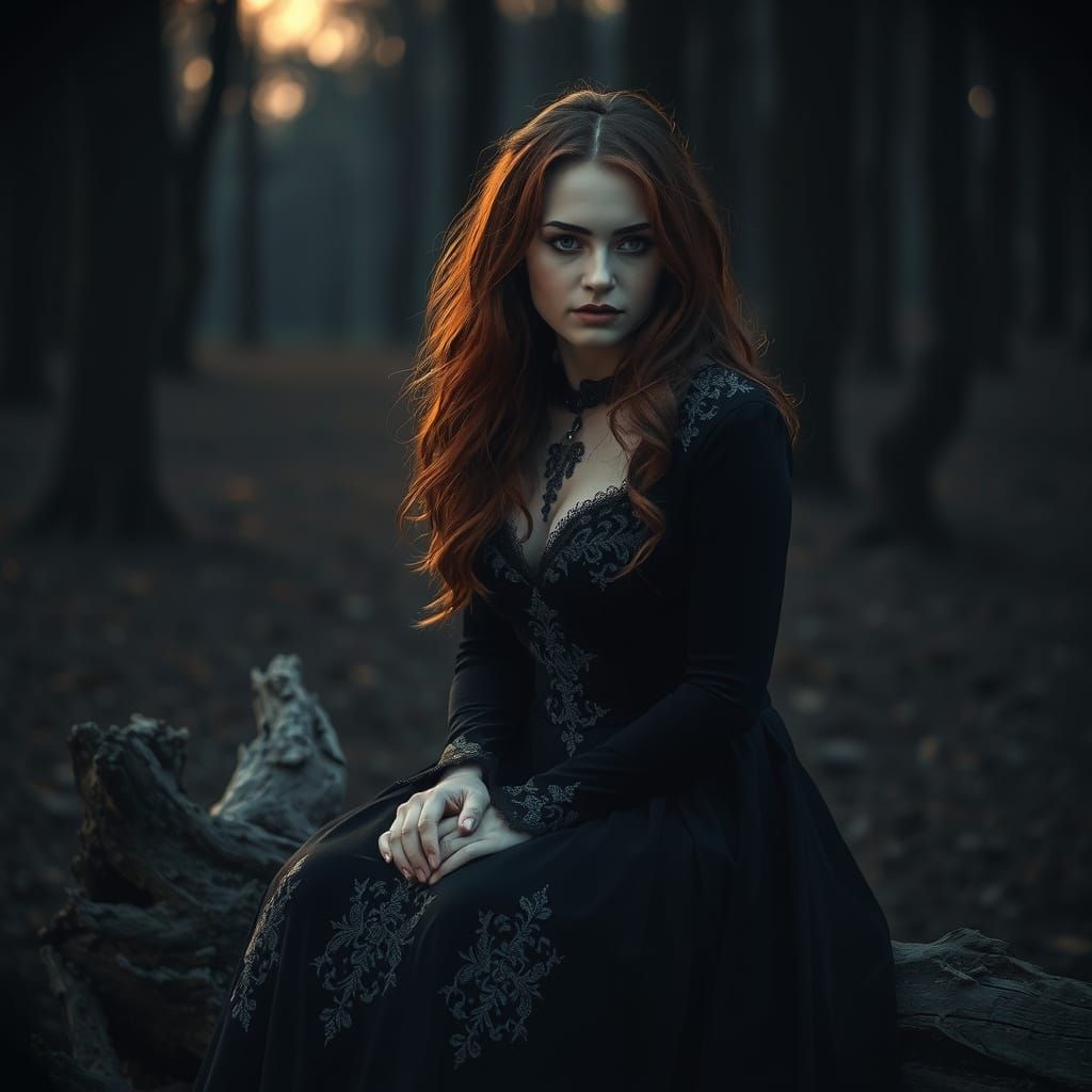 Gothic Woman in Dark Forest with Twilight Rays