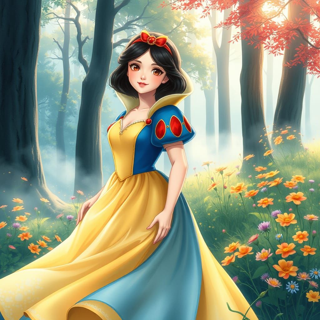 Ethereal Snow White in Lush Forest Landscape