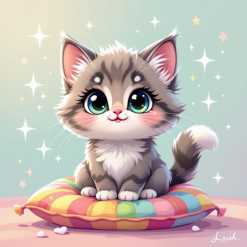 Adorable Cartoon Cat on Cushion, Whimsical Pastel Art