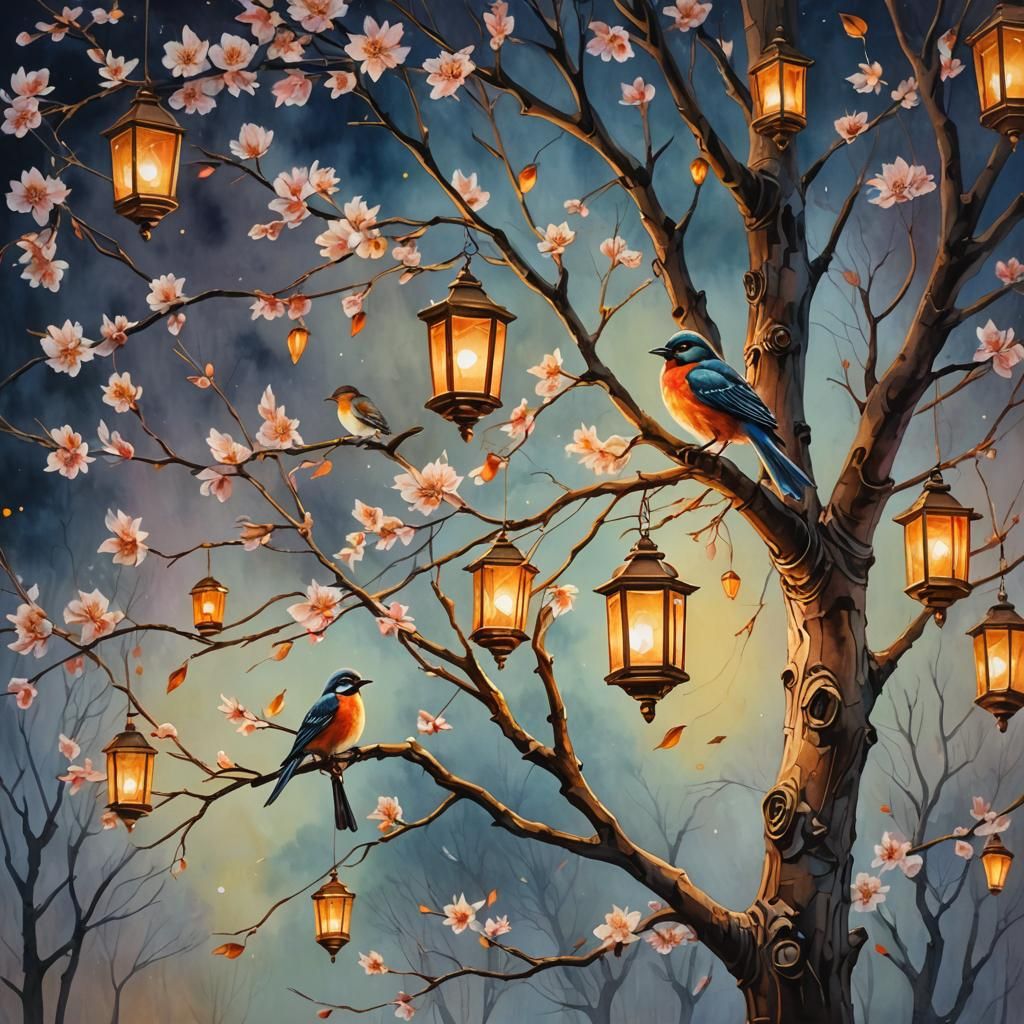 Spring Tree and Bird in Gouache Watercolor