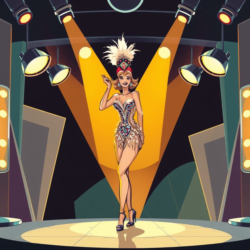 Glamorous Showgirl on Retro-Futuristic Stage in Pop Art