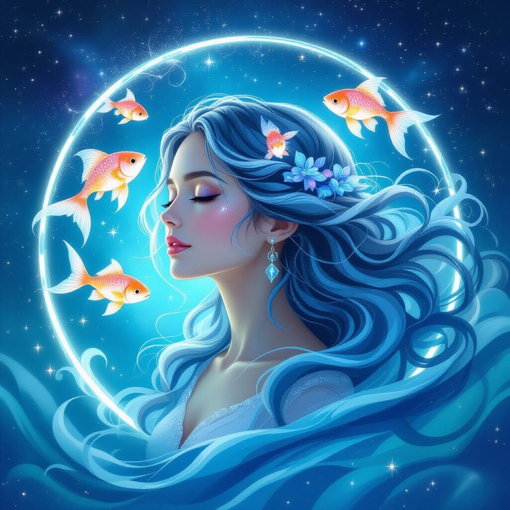 Mystical Pisces Woman with Ocean Waves Hair