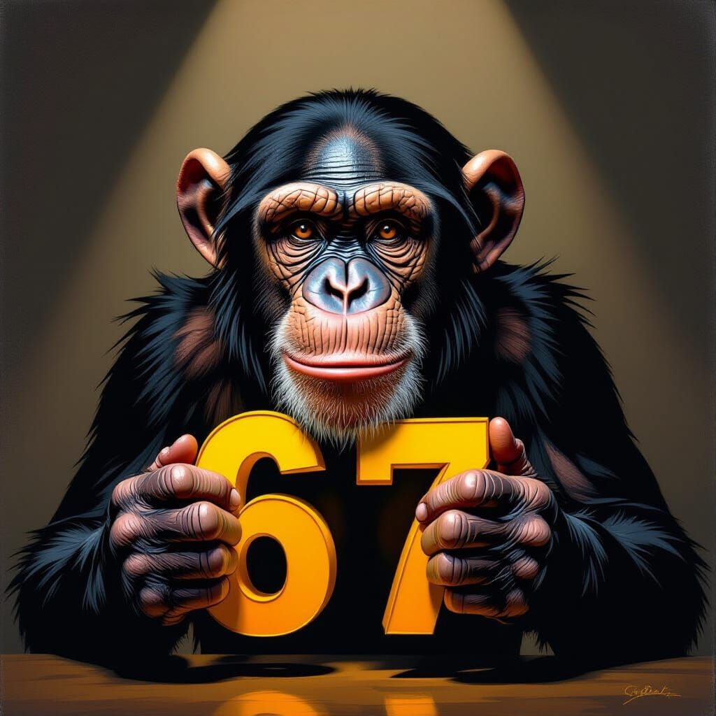 Hyperrealistic Chimpanzee Holding Numbers 67