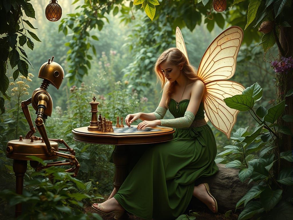 Fairy Woman Plays Chess With Robot in Garden, 19th Century S...